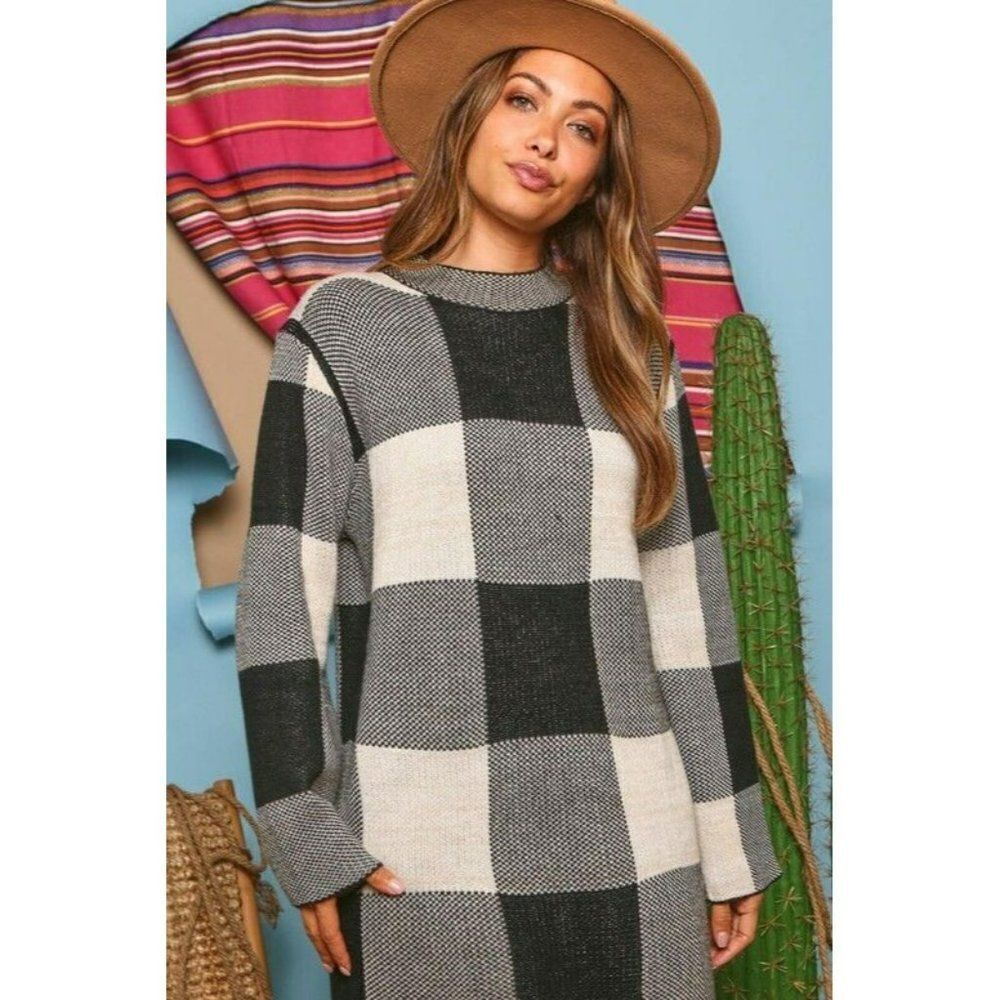 SALE Fantastic Fawn Buffalo Plaid Black Cream Checker Sweater Dress IFKD23564-01 - Picture 3 of 8